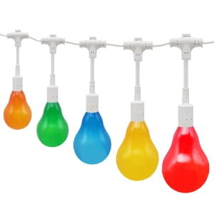 Commercial multicolor opaque A19 LED string lights on white wire with IP65 waterproof bulbs
