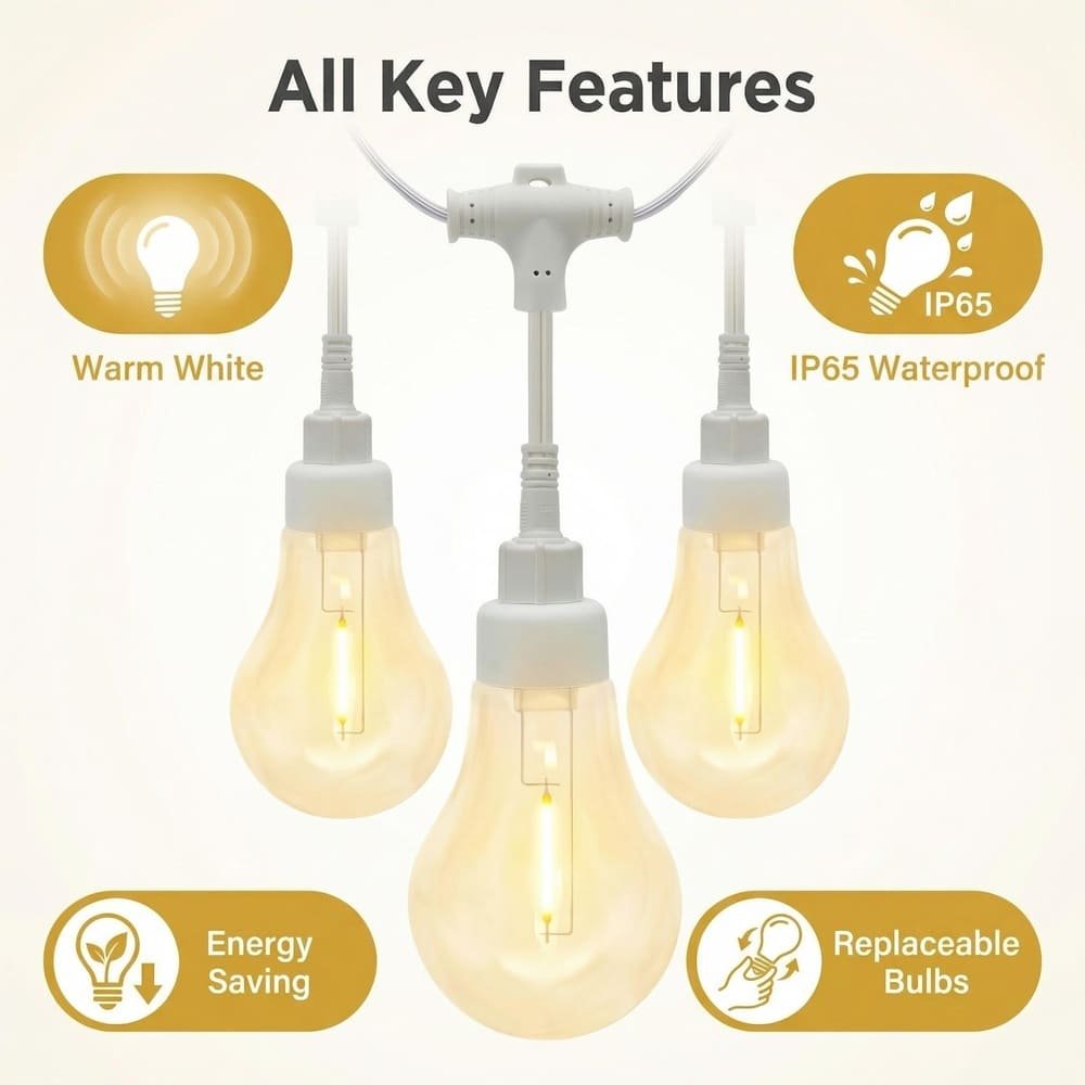 Infographic detailing features of waterproof white wire A19 LED commercial string lights