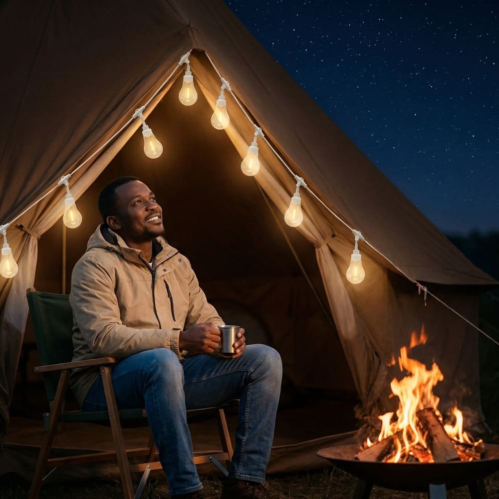 White wire waterproof LED string lights decorating camping tent for outdoor glamping