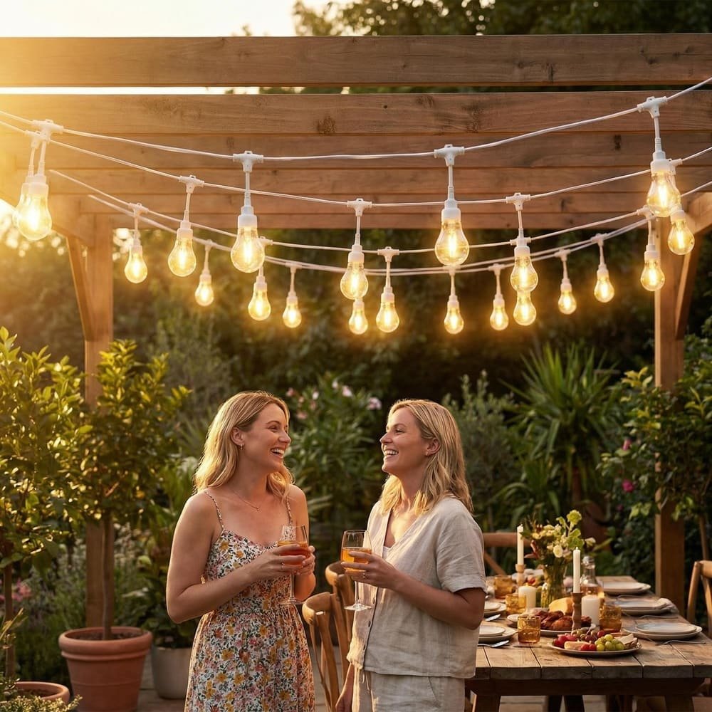 White wire A19 LED string lights illuminating outdoor garden pergola for patio dining events