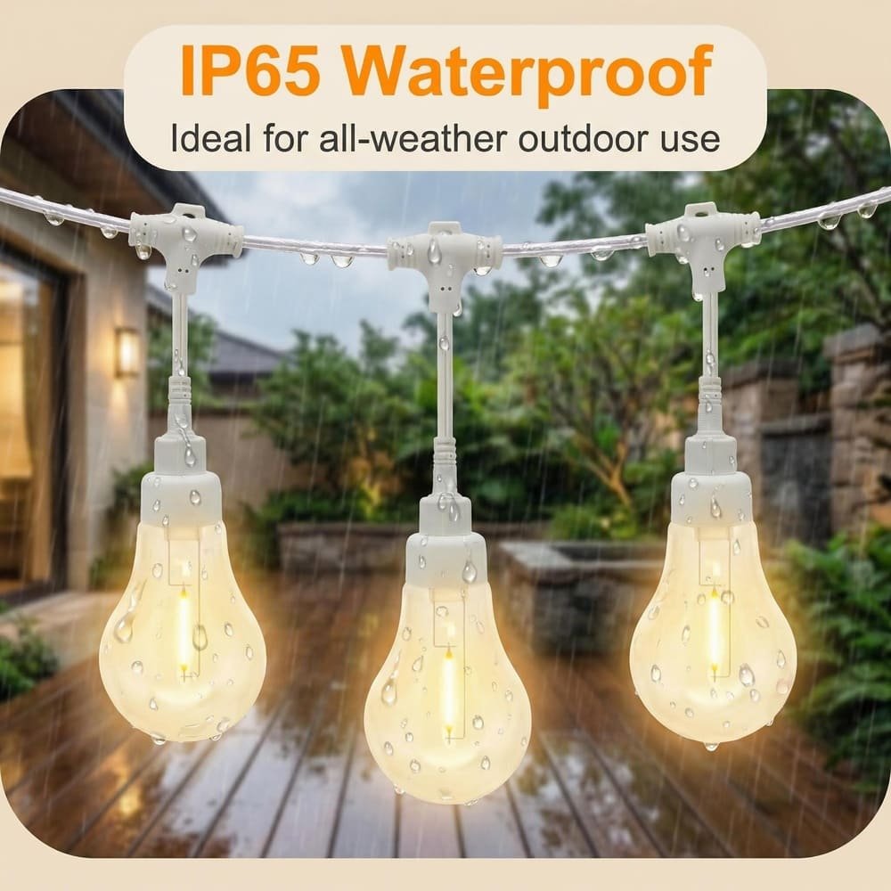 IP65 waterproof white wire commercial string lights with A19 bulbs resisting rain in outdoor setting