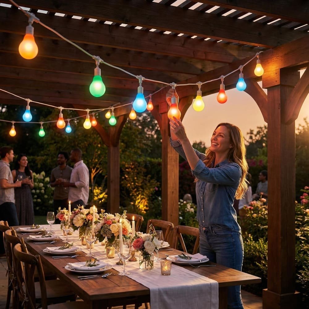 Woman installing multicolor commercial LED string lights on white wire for outdoor events