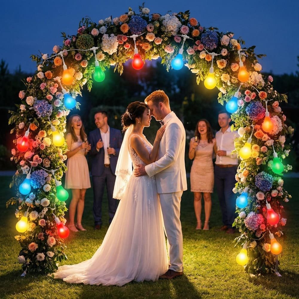 Multicolor LED string lights on white wire decorating floral arch for outdoor weddings