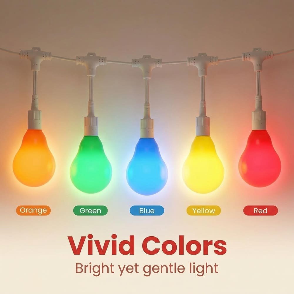 Multicolor opaque A19 LED string lights on white wire displaying vivid festive colors