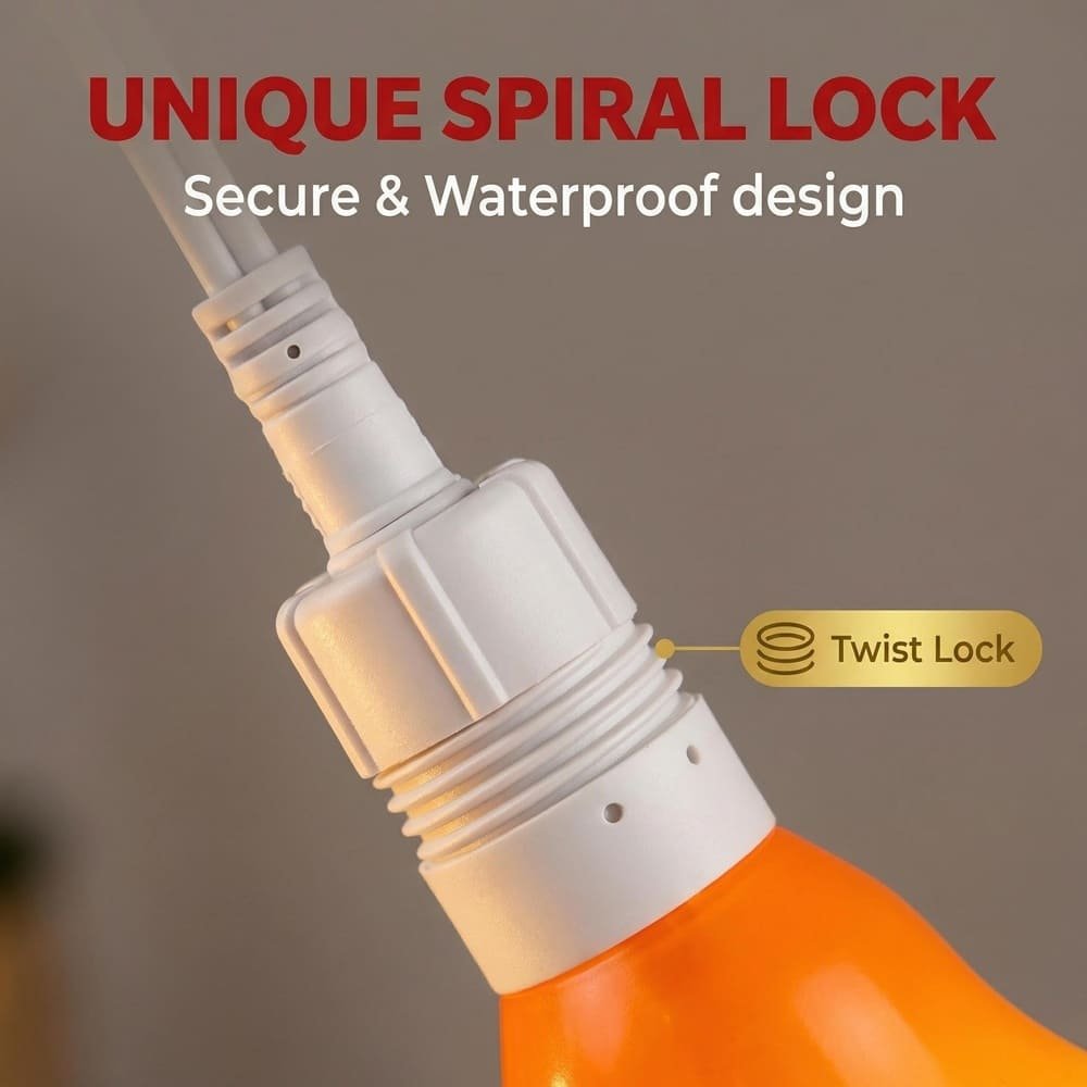 Close-up of secure waterproof spiral twist-lock socket on white wire LED string lights