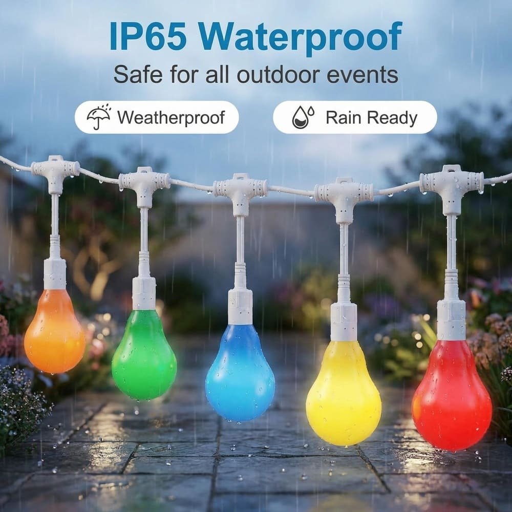 [IP65 waterproof multicolor LED string lights on white wire enduring rainy outdoor conditions