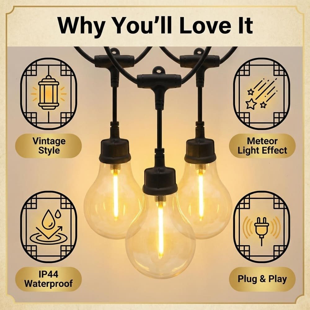 A19 LED meteor string light features: IP44 waterproof, vintage style, and easy setup