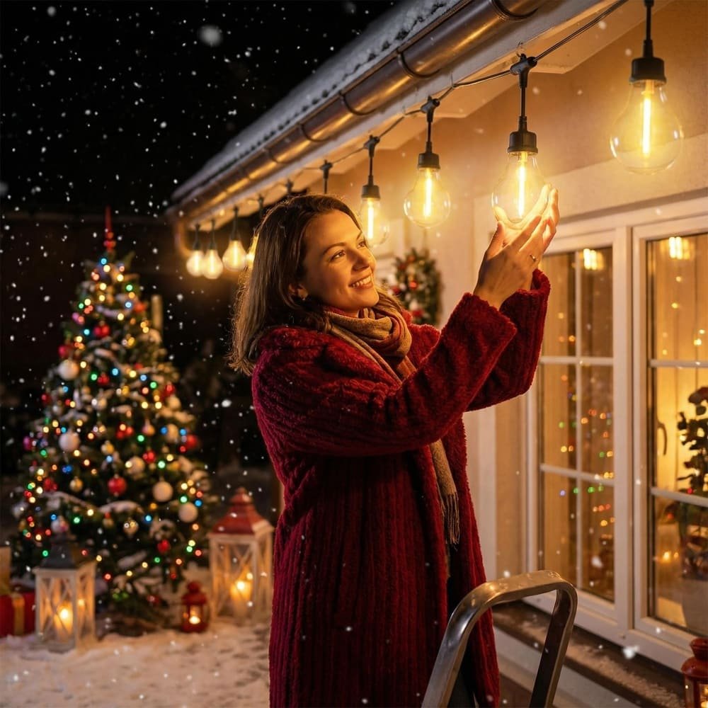 Durable outdoor LED string lights installation for snowy winter Christmas holiday decoration