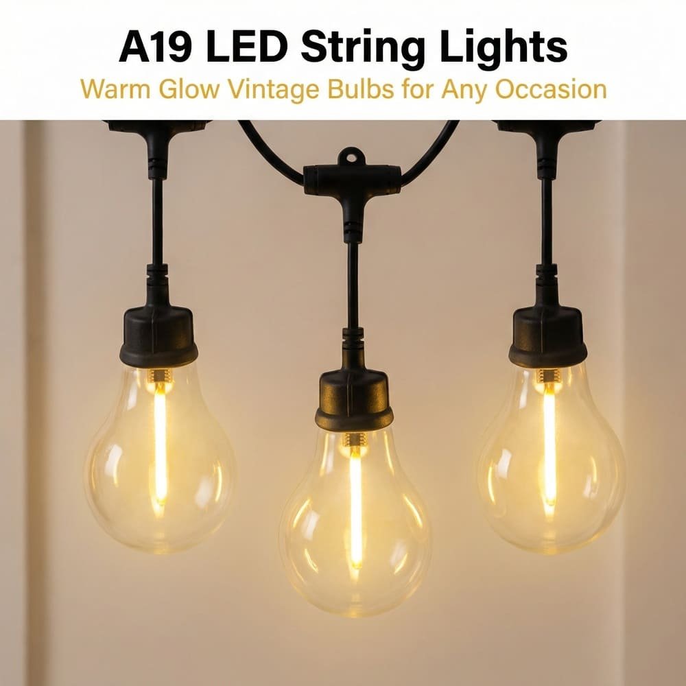 Warm glow A19 LED string lights with vintage filament bulbs for commercial decor