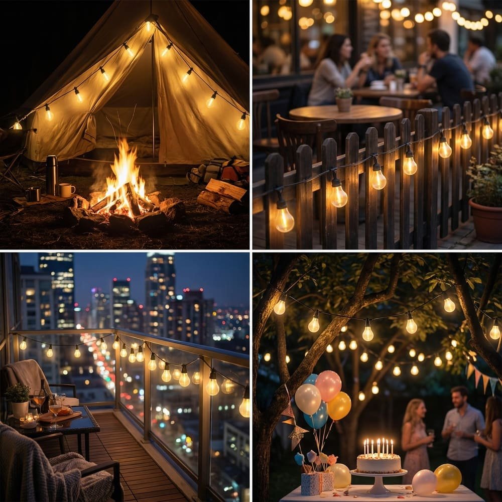 Versatile outdoor LED string lights for camping, commercial patios, balconies, and garden party events