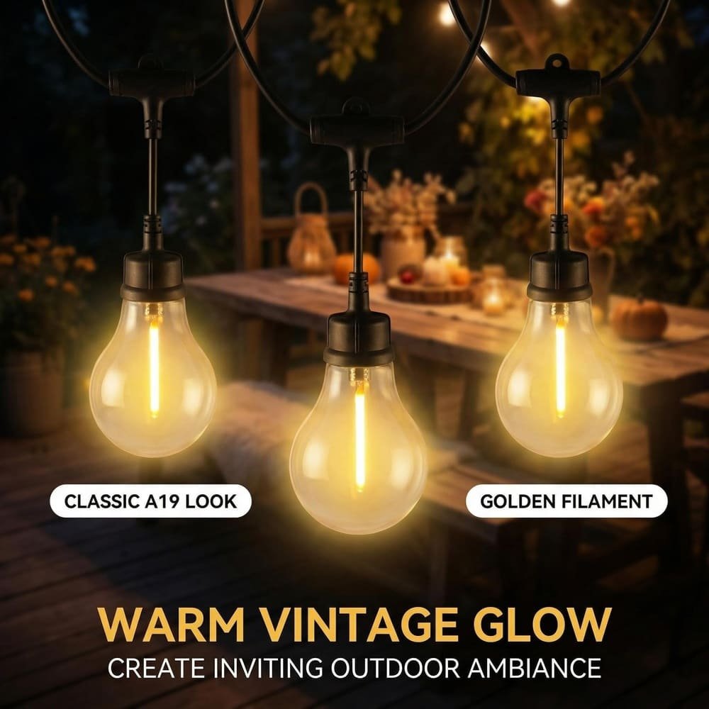Warm vintage A19 LED filament string lights creating inviting outdoor patio ambiance