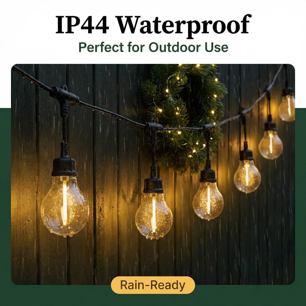 IP44 waterproof A19 LED string lights operating in rain for durable outdoor lighting