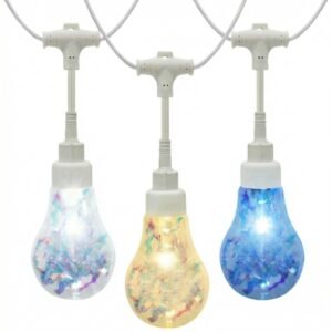 IP65 commercial A19 festoon lights featuring patent screw-lock system and RGB holographic filament effects