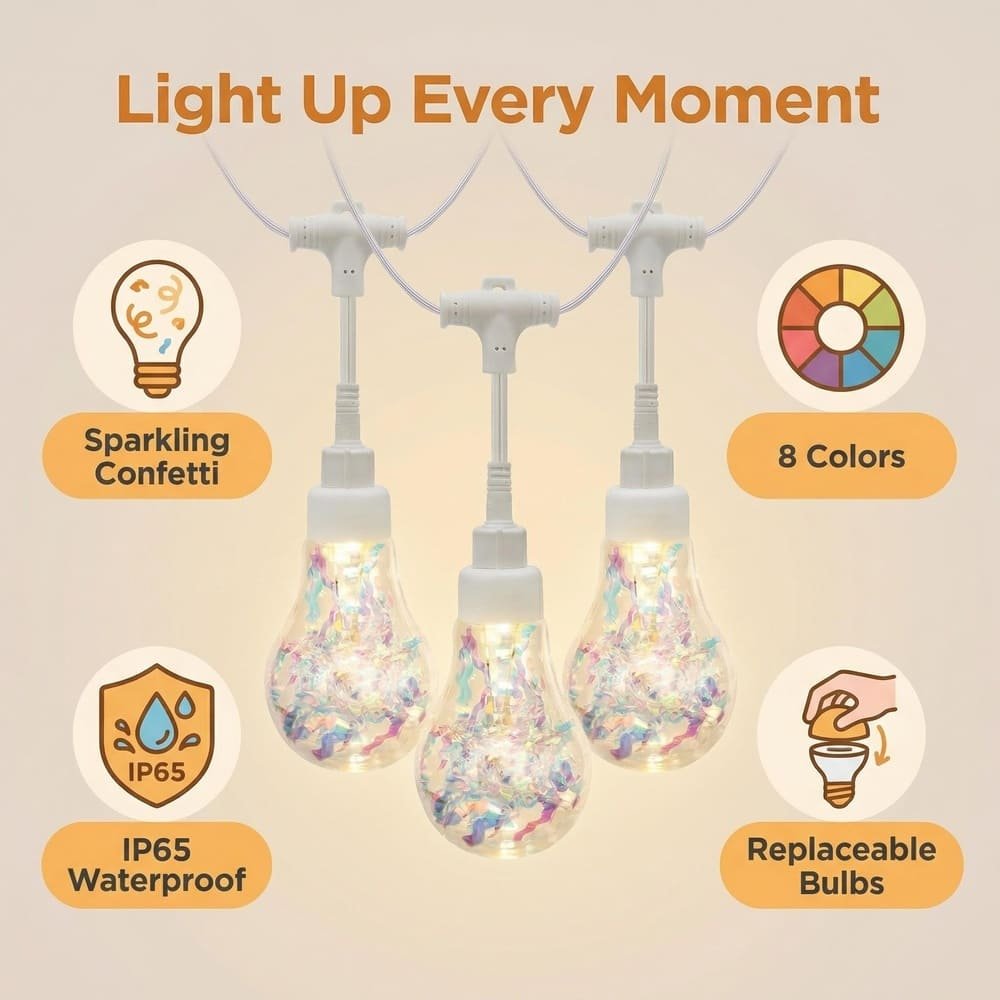 IP65 waterproof holographic festoon lights infographic highlighting replaceable bulbs and color options