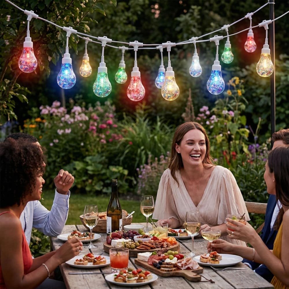 Multicolor holographic LED string lights illuminating outdoor garden party dining for festive decoration