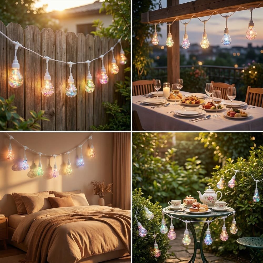 Holographic LED string lights application scenarios for outdoor fences, patios, bedrooms, and garden events
