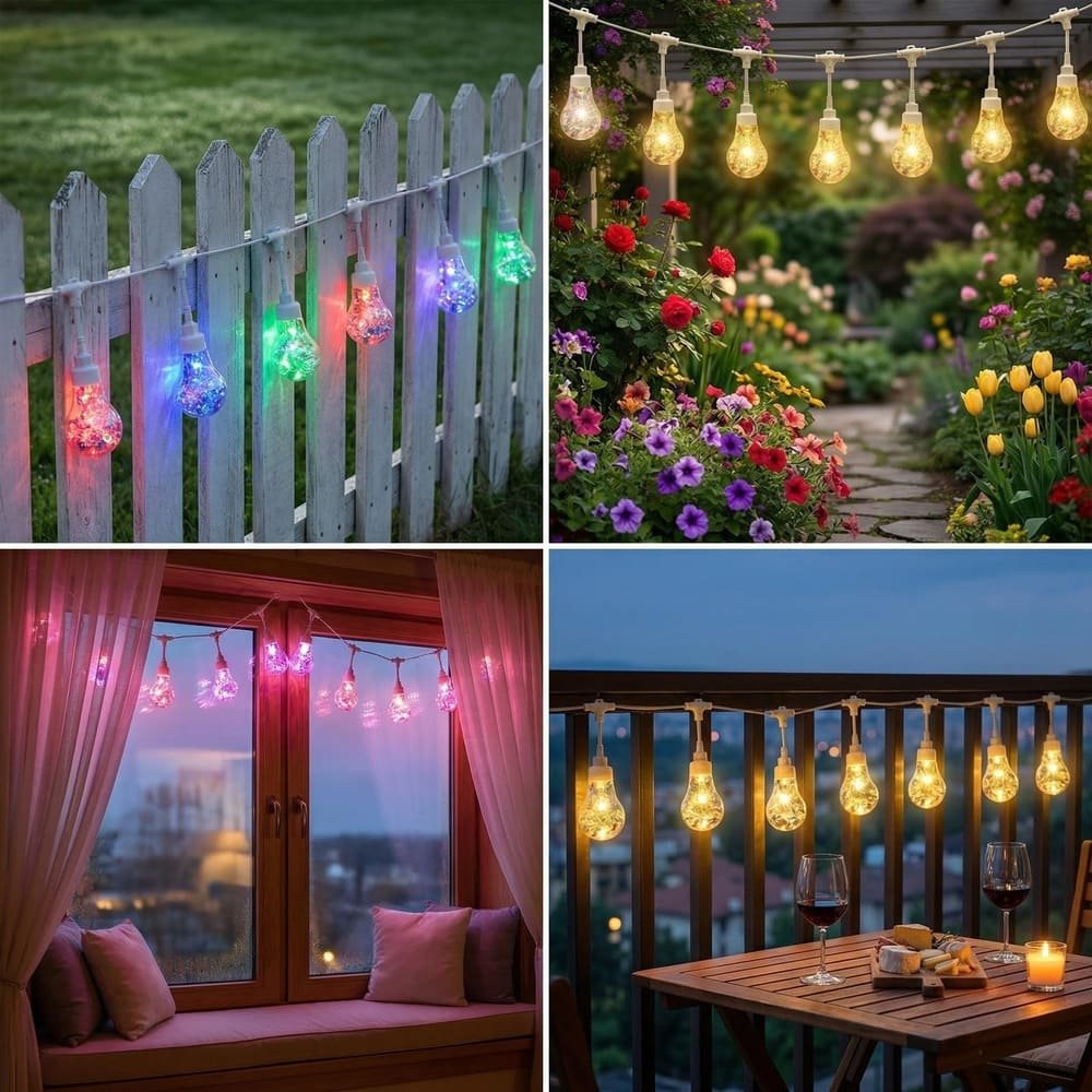 Versatile holographic LED string light applications for garden fences, patios, windows, and balconies