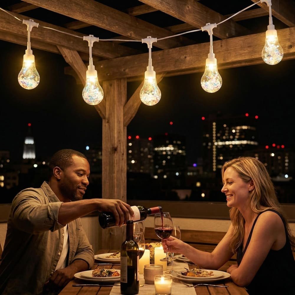 Decorative holographic string lights creating ambient lighting for outdoor patio dining and events