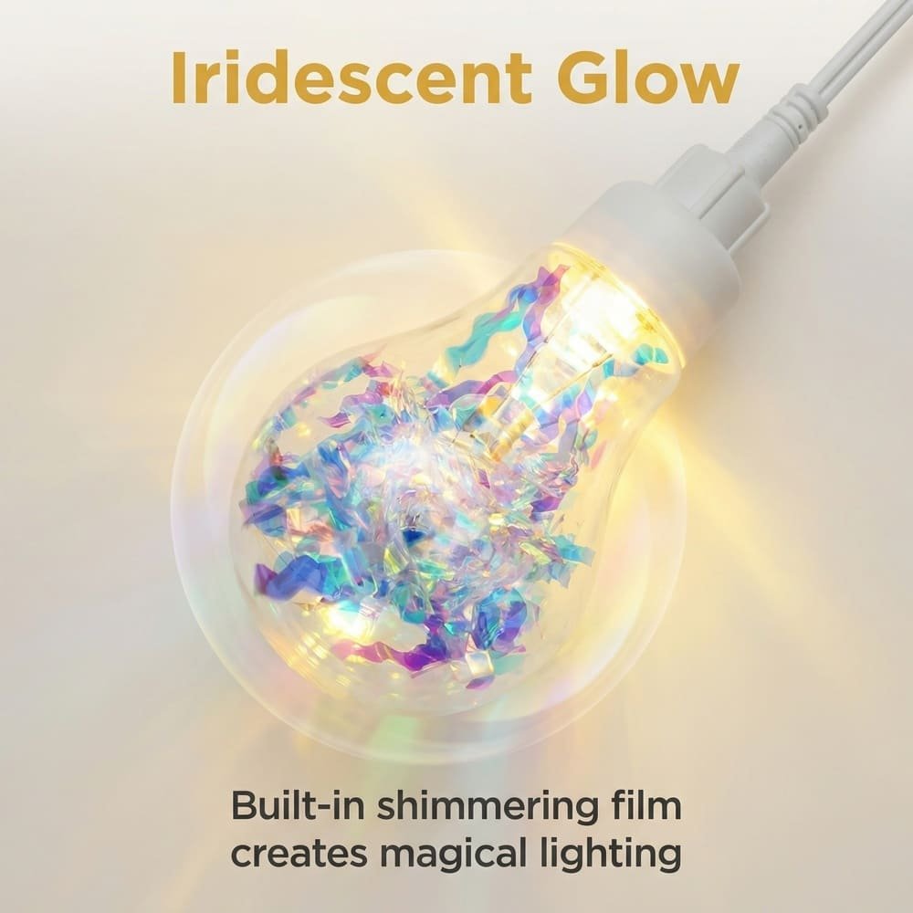 Close-up of iridescent LED bulb with built-in shimmering film creating a magical glow effect