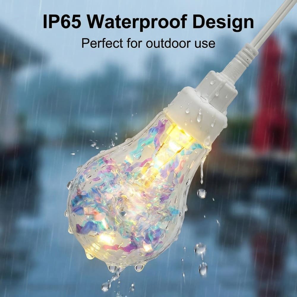 IP65 waterproof iridescent LED string light bulb demonstrating rain resistance for outdoor use