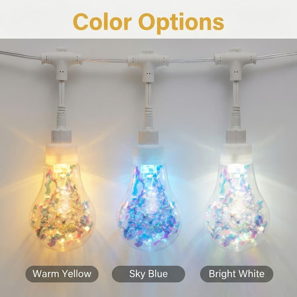 A19 holographic LED festoon bulbs showing warm yellow, sky blue, and bright white options