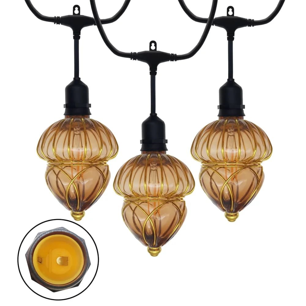 Patented IP65 amber bottle gourd LED string lights on commercial black wire for outdoor decor