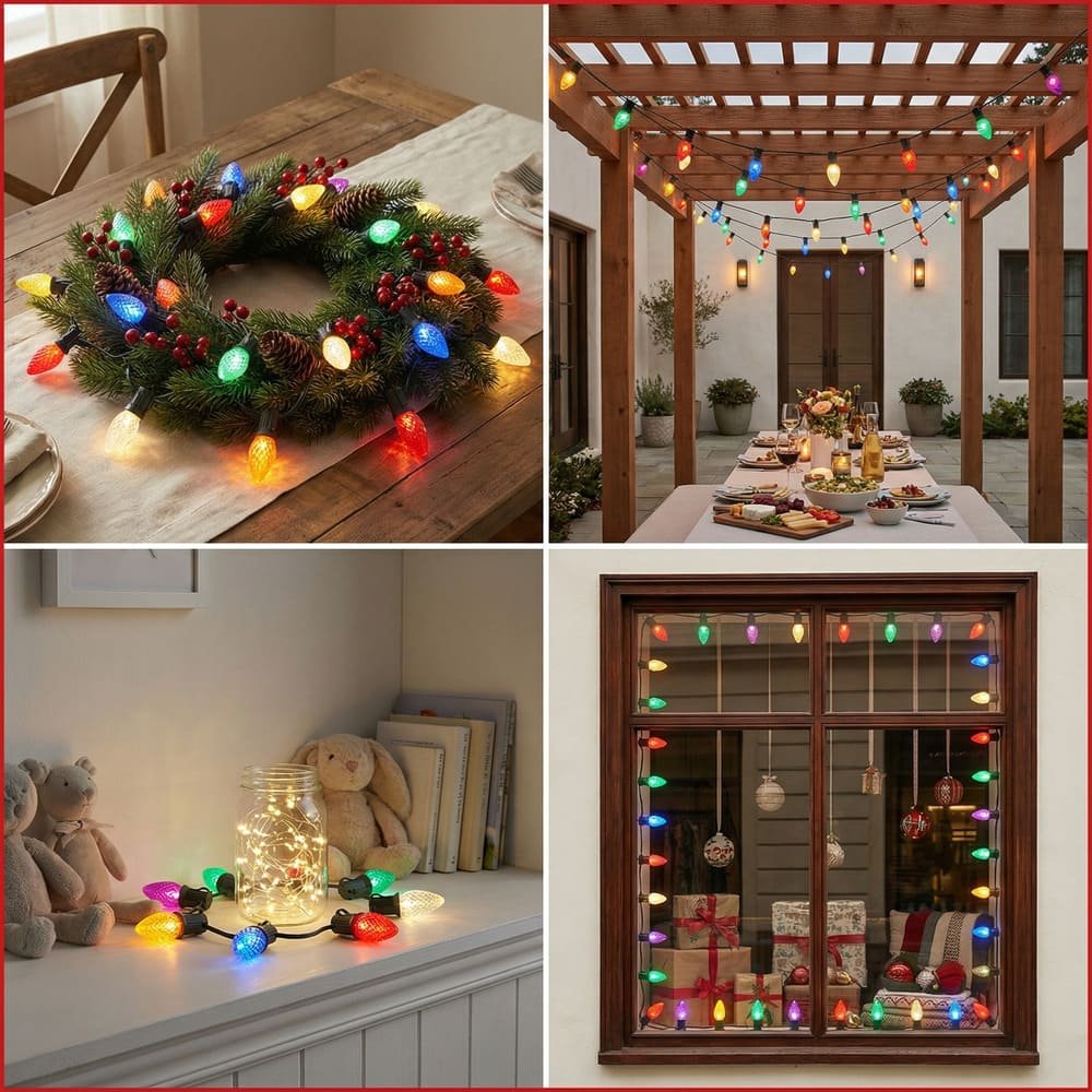 Versatile multi-color C7 LED string lights for outdoor patios and indoor holiday decorations
