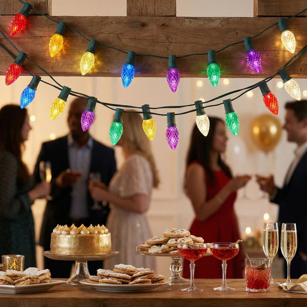 Faceted multi-color C7 LED string lights hanging at indoor holiday party celebration