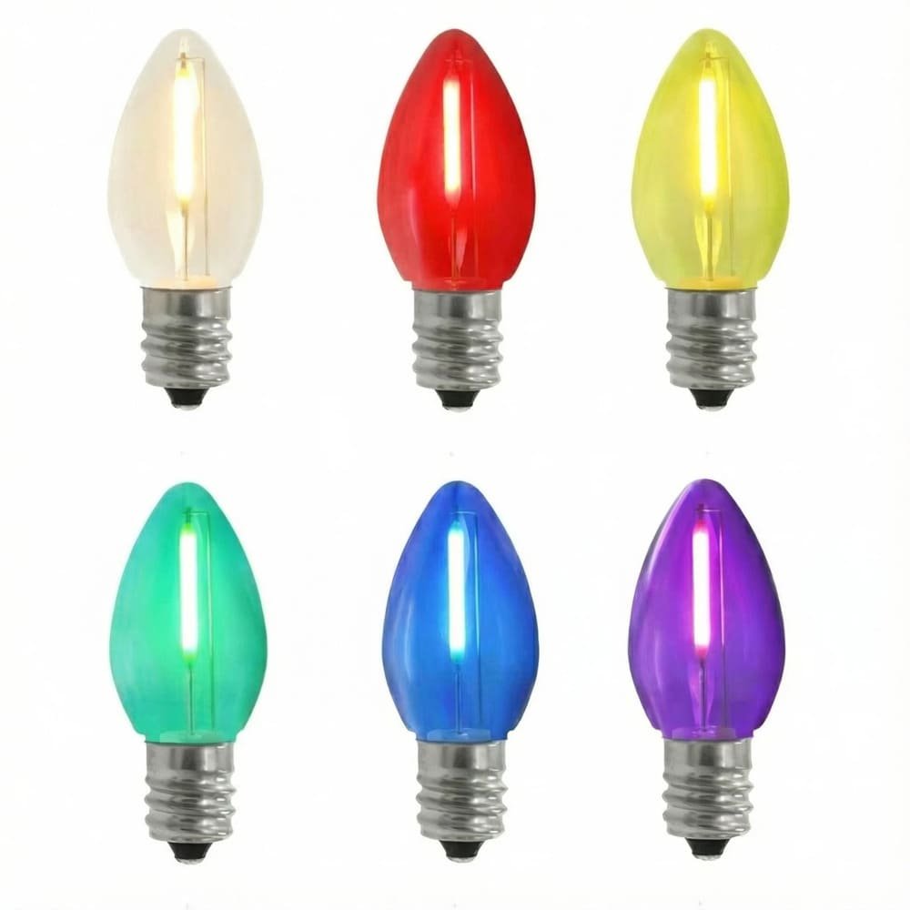 Assorted color smooth C7 LED filament replacement bulbs for vintage holiday string lights