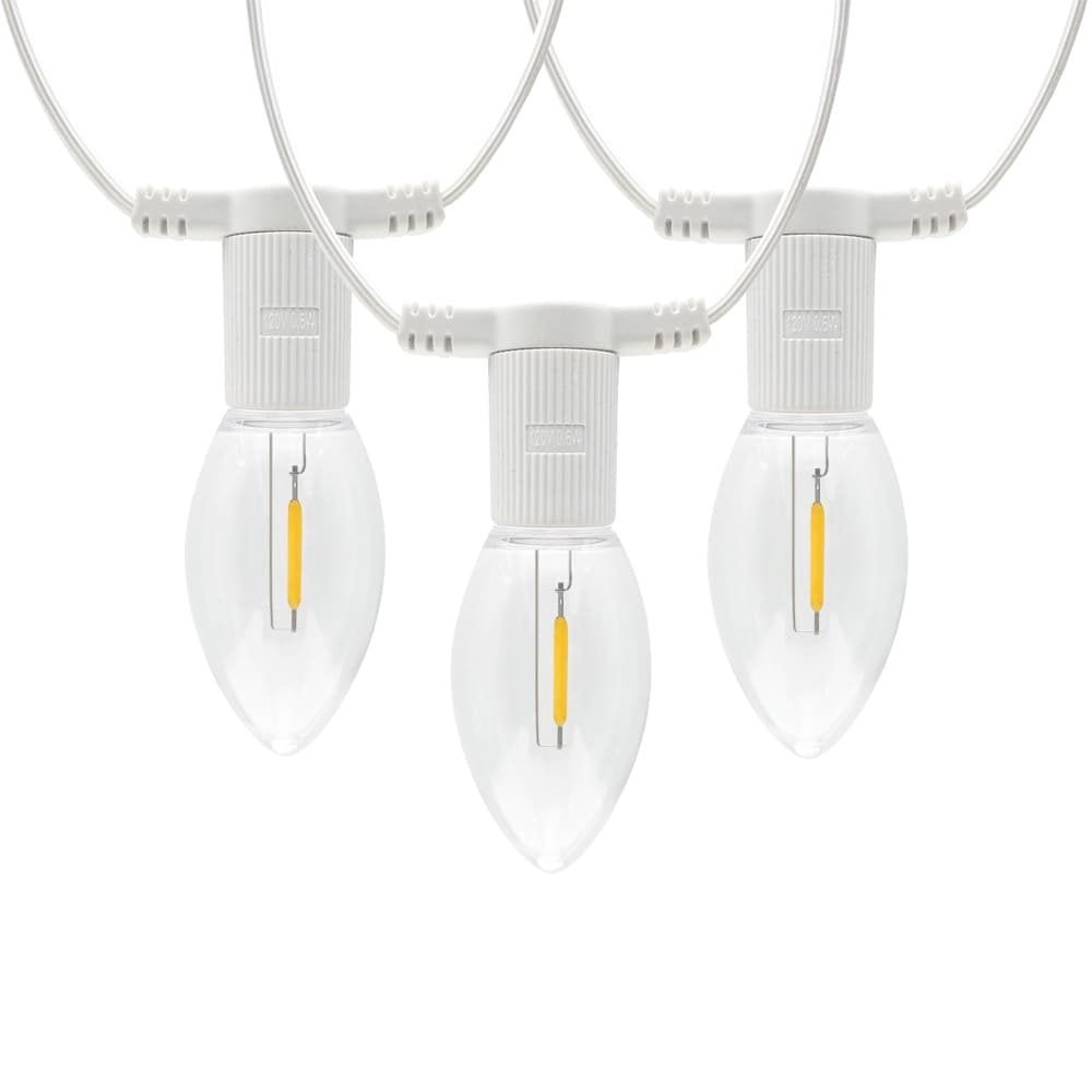 Commercial C9 warm white LED string lights with flat-top sockets for permanent installation