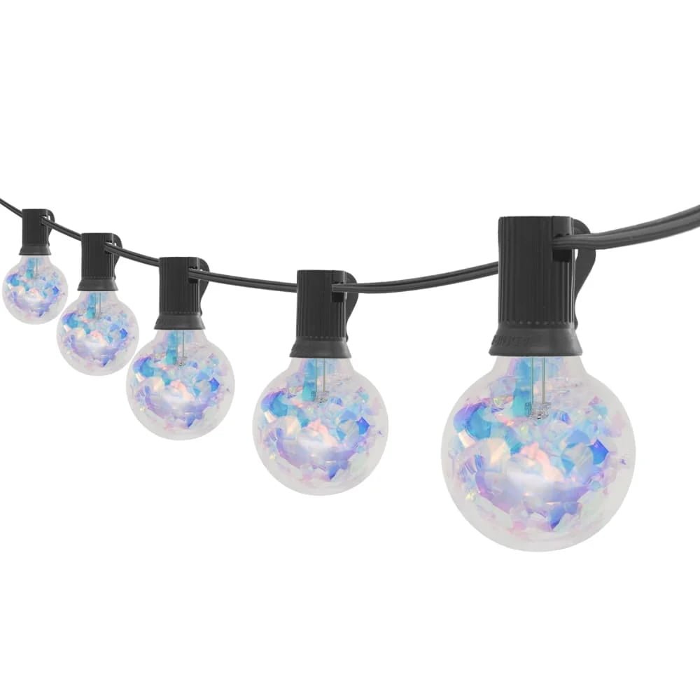 Commercial G40 globe LED string lights featuring rainbow reflective inner strips on a black wire
