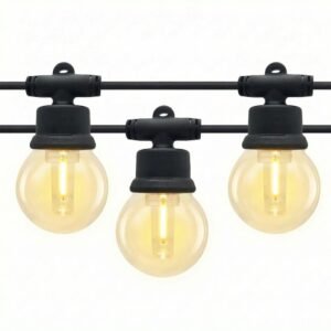 Low voltage G50 LED filament string lights with shatterproof bulbs and mounting hooks