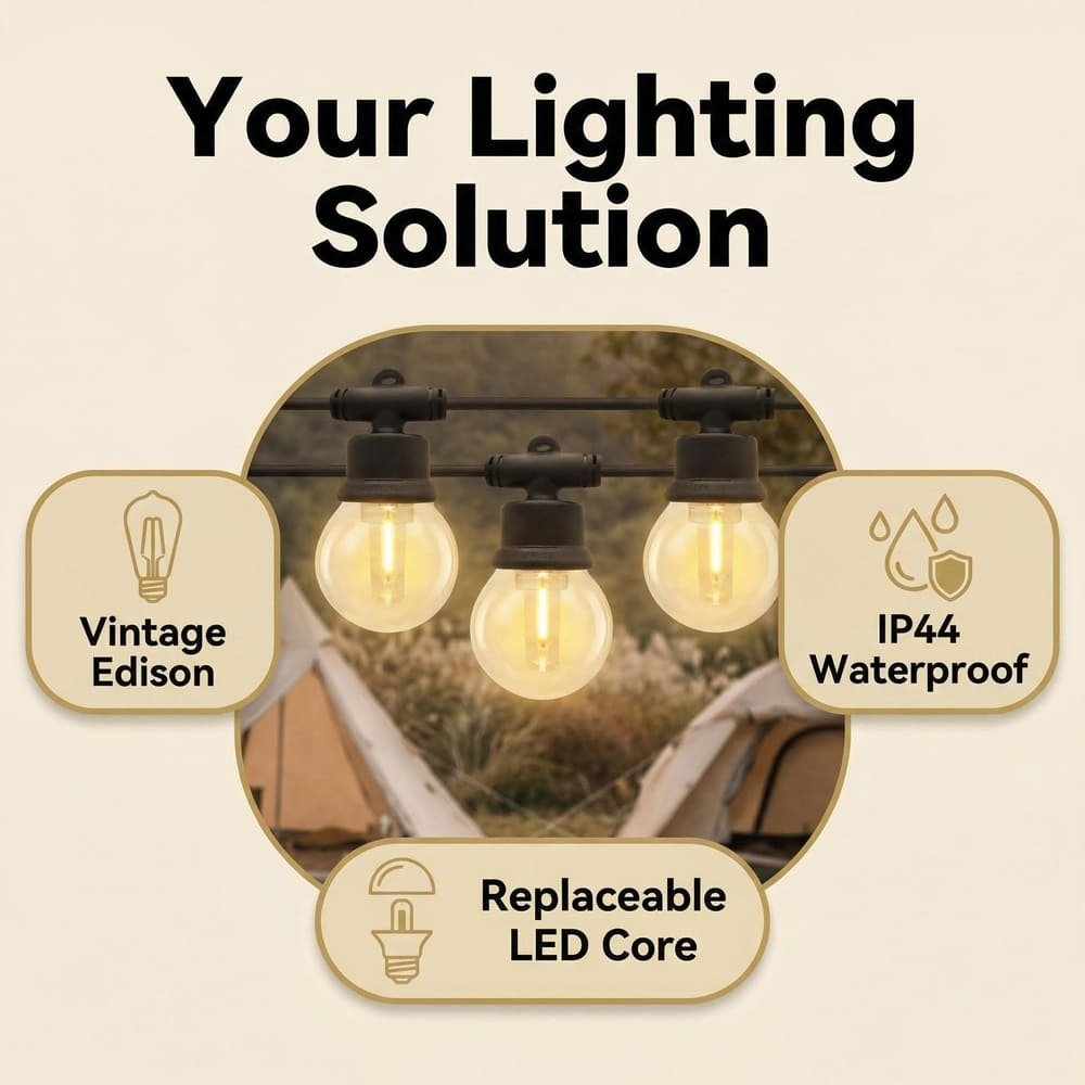 IP44 waterproof G50 string lights featuring vintage Edison style and replaceable LED cores