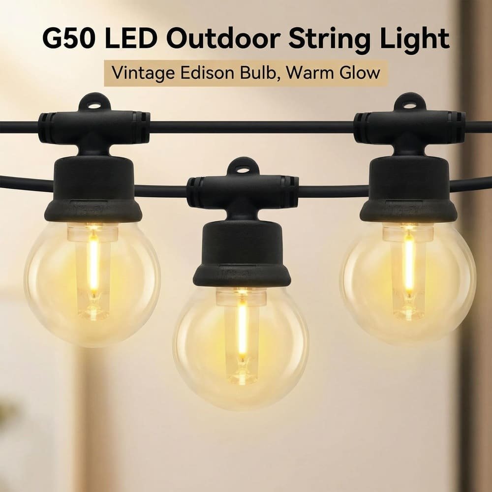 G50 LED outdoor string lights featuring vintage Edison bulbs and warm glow