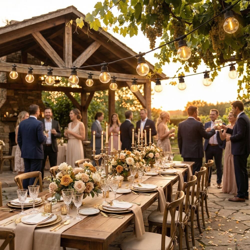 Commercial globe string lights illuminating elegant outdoor wedding reception dining area