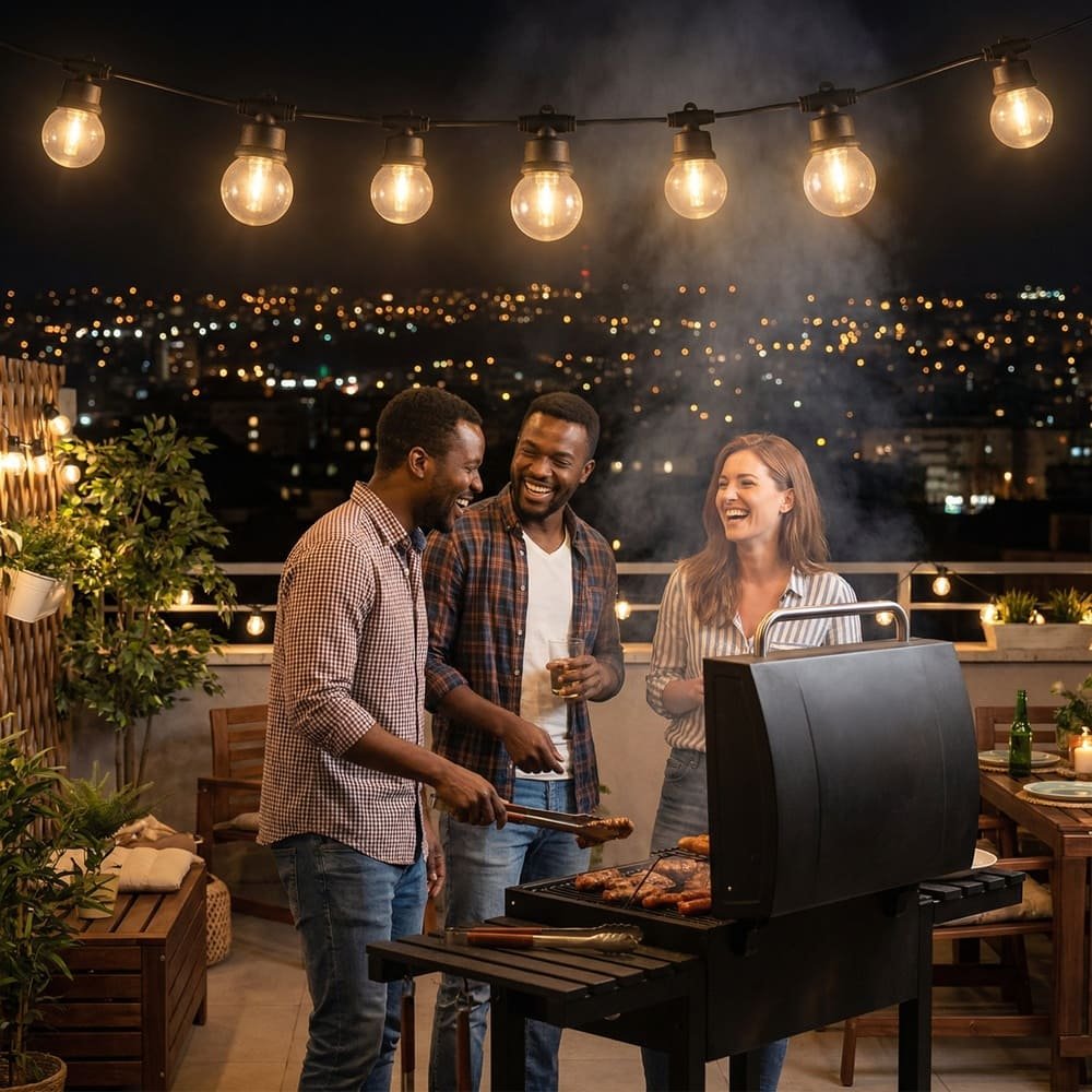 Warm white G50 outdoor string lights creating festive atmosphere for rooftop BBQ party