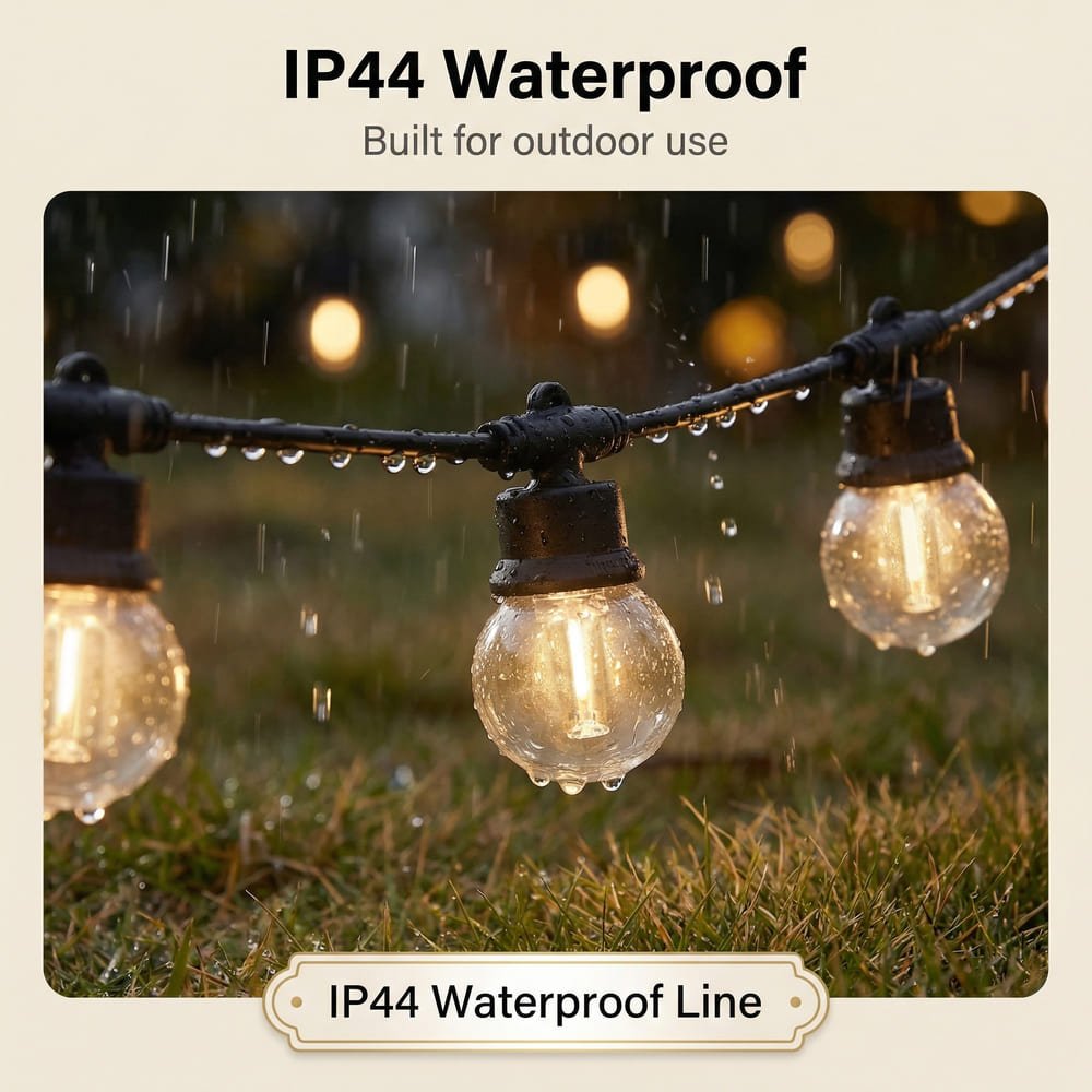 IP44 waterproof G50 outdoor string lights enduring rain showing weather resistance