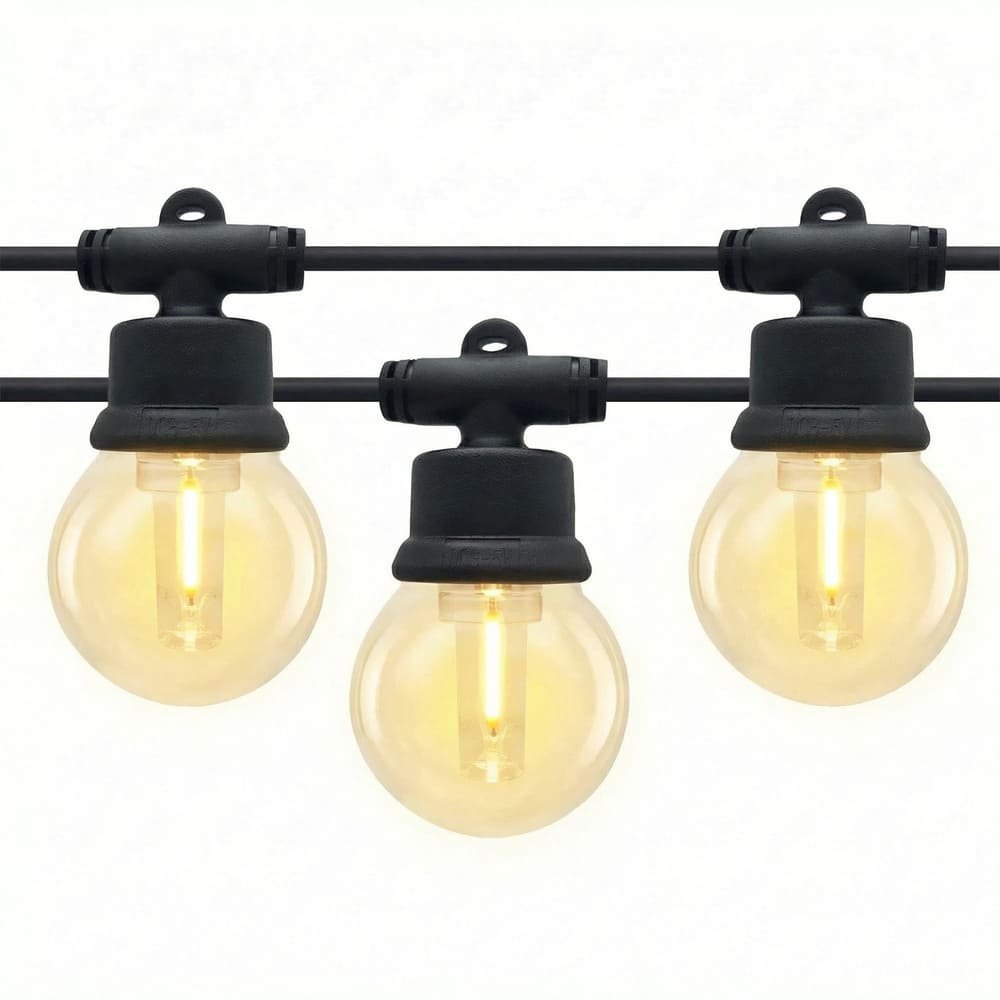 Low voltage G50 LED filament string lights with shatterproof bulbs and mounting hooks