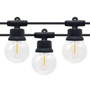 Commercial G50 LED filament string lights featuring clear plastic bulbs on waterproof black sockets