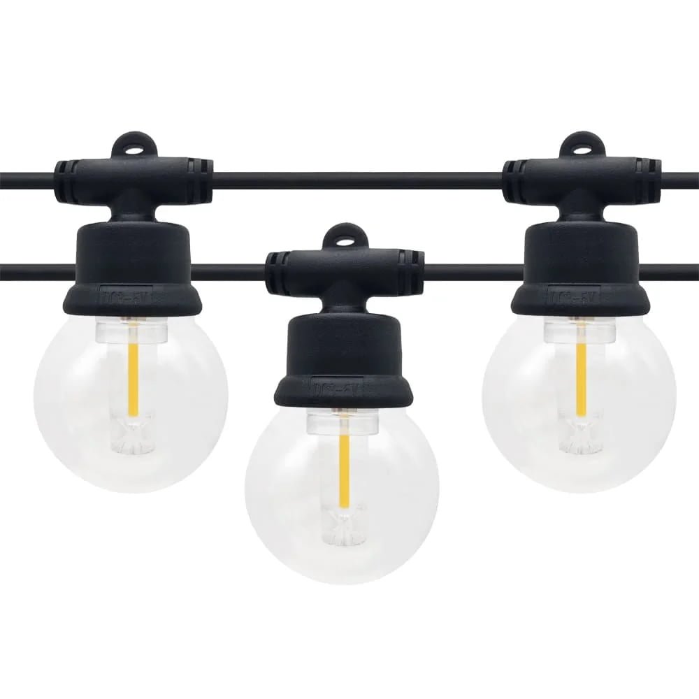 Commercial G50 LED filament string lights featuring clear plastic bulbs on waterproof black sockets