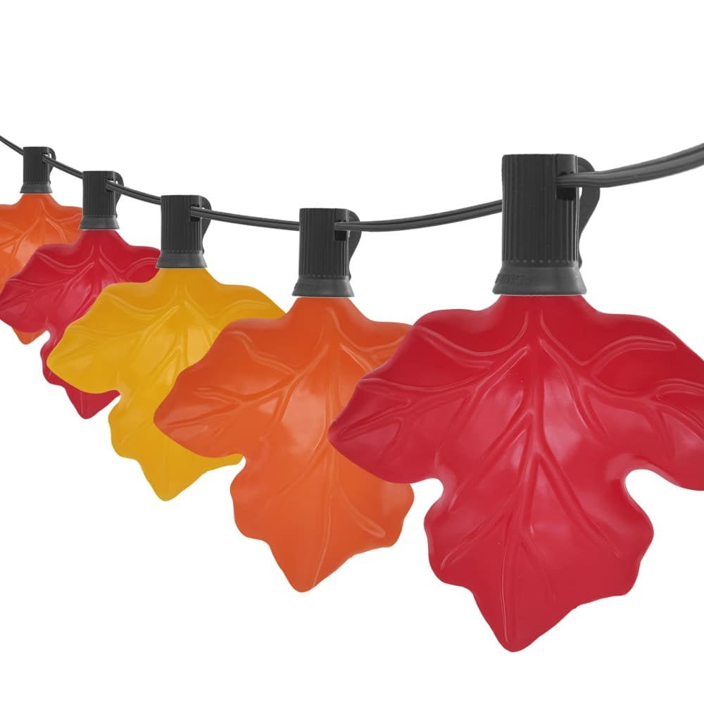Wholesale autumn maple leaf string lights glowing in red orange and yellow colors