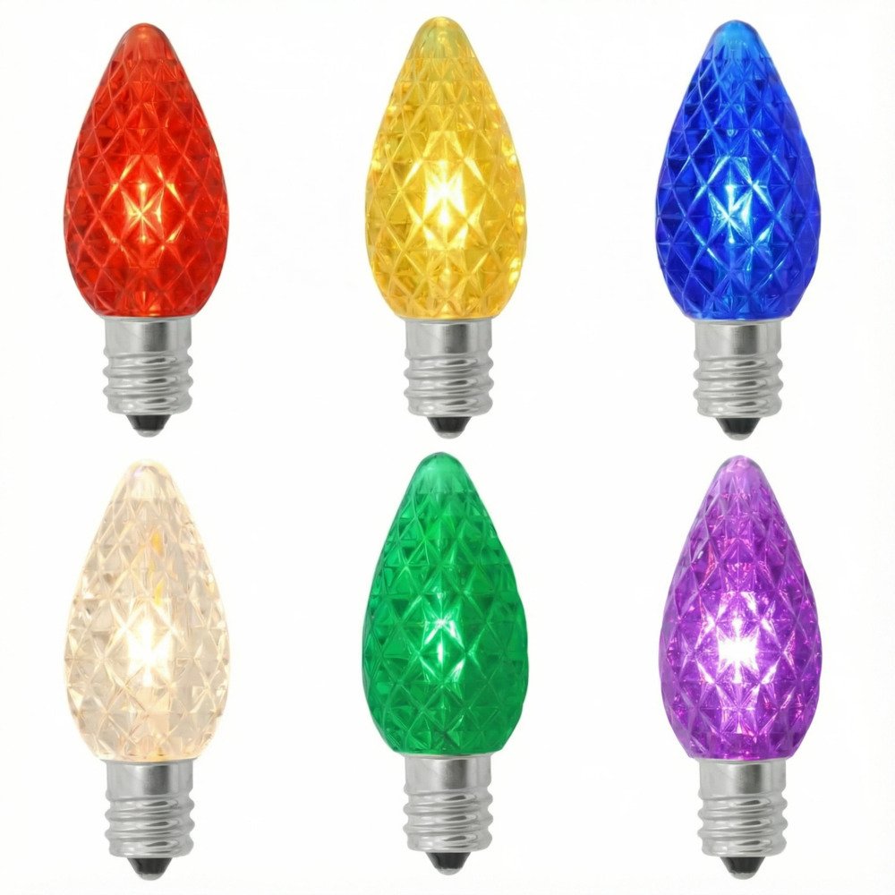 Set of multi-color faceted C7 LED replacement bulbs for Christmas light strings