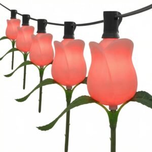 Patented decorative RGB rose flower string lights with green leaves for outdoor landscape decor