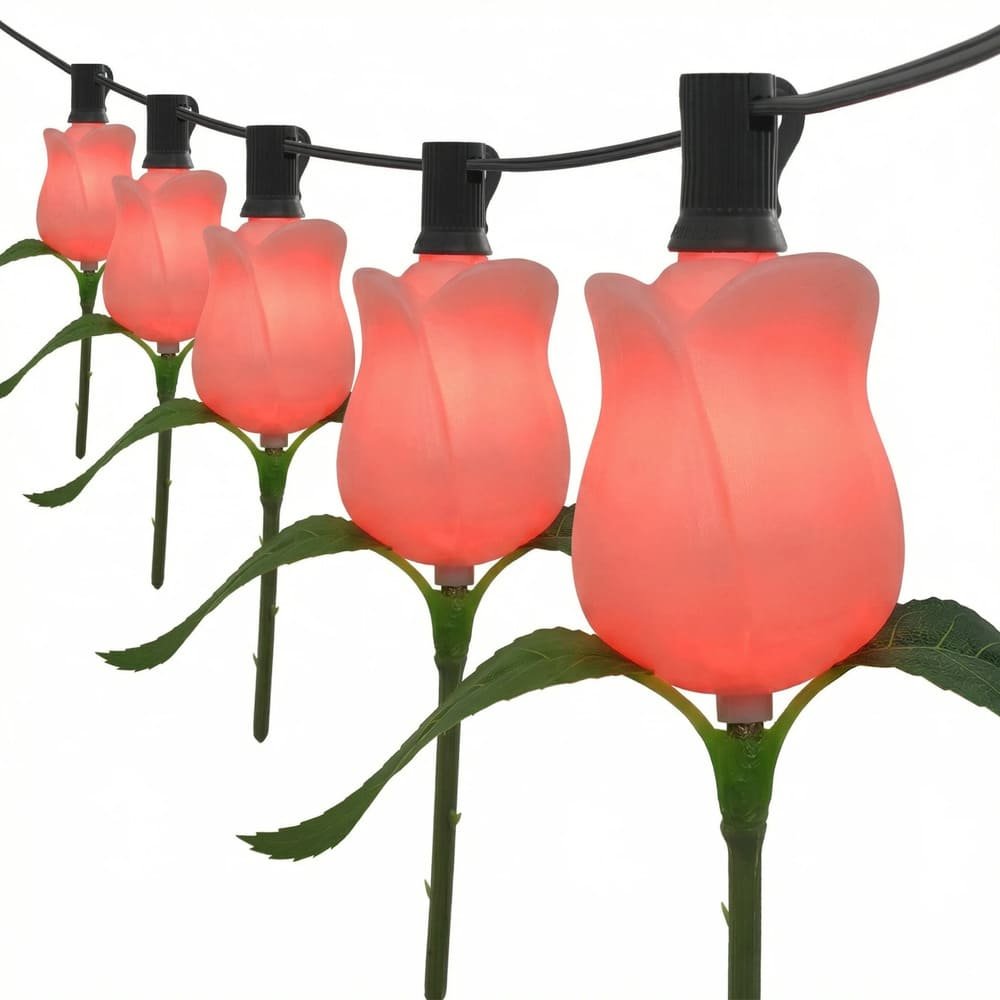 Patented decorative RGB rose flower string lights with green leaves for outdoor landscape decor