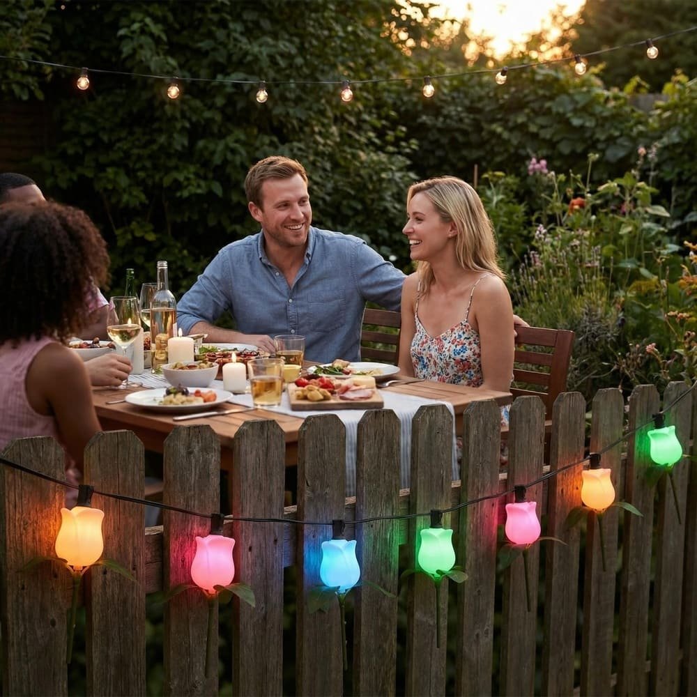 Multicolor LED rose string lights hanging on a garden fence for outdoor party decoration
