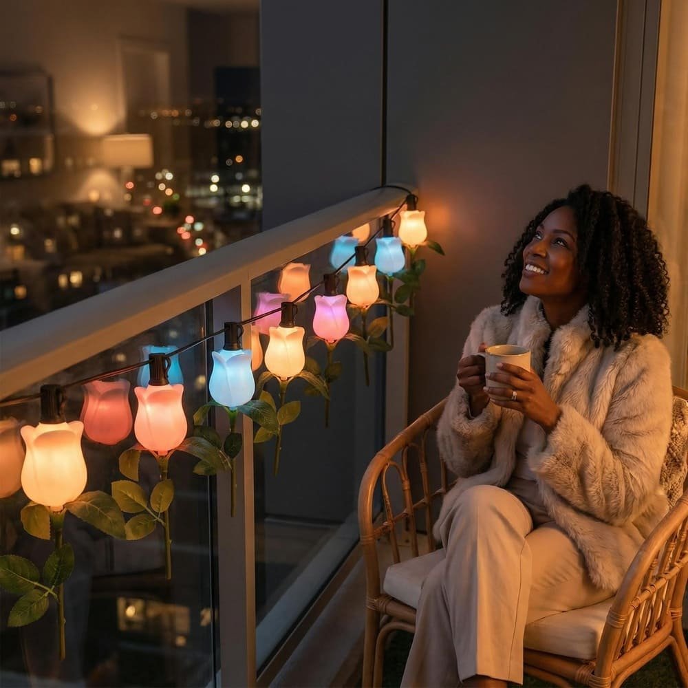 Multicolor LED rose string lights decorating a balcony railing for cozy apartment lighting