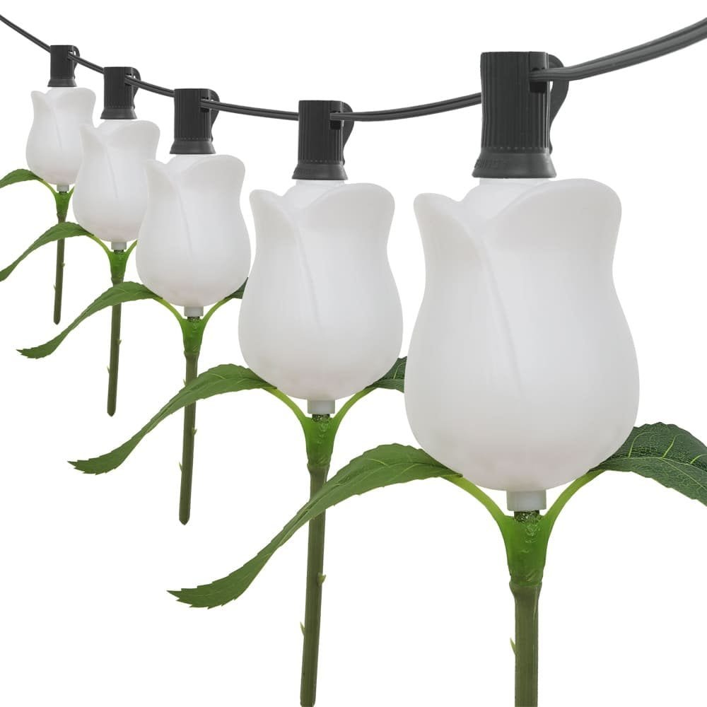 Commercial white rose LED string lights with green stems for wedding and event decoration