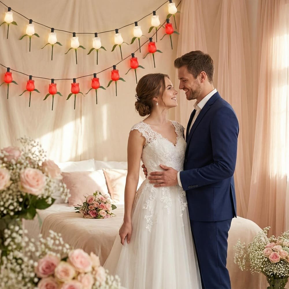 Romantic indoor wedding backdrop featuring red and white rose LED string lights decor