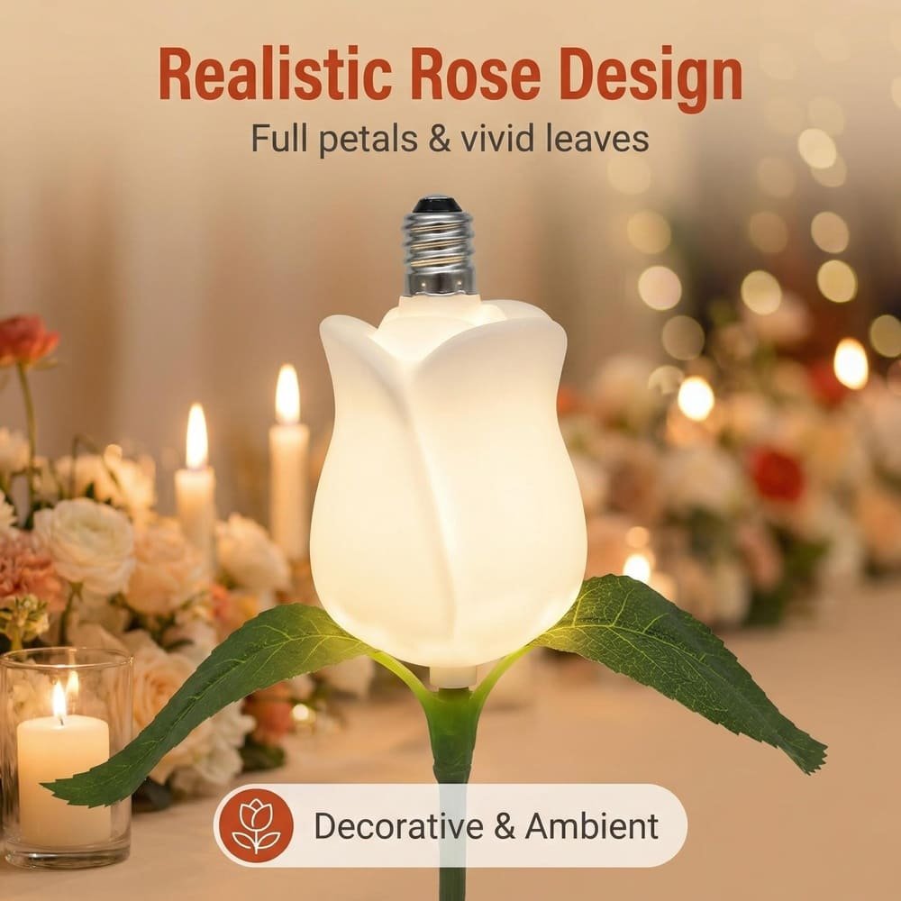 Realistic rose design LED bulb with full petals and vivid leaves for ambient lighting