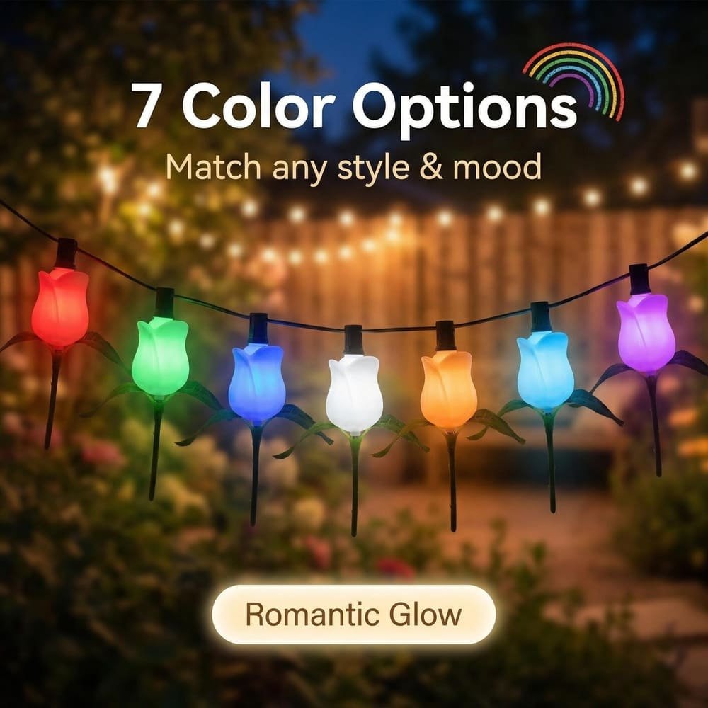 Multicolor RGB LED rose string lights offering 7 color options for romantic outdoor ambiance